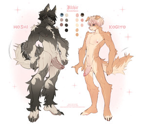 5_fingers 5_toes animal_genitalia animal_penis anthro balls big_penis biped black_body black_claws black_fur blue_eyes bodily_fluids butt canine_genitalia canine_penis claws cum duo ear_piercing ejaculation erection facial_piercing feet femboy fingers foreskin fur genital_fluids genitals hair in_heat male male/male masturbation muscular muscular_anthro muscular_male navel navel_piercing nipples nose_piercing nude nude_anthro nude_male pawpads paws penis piercing pink_hair pink_nipples pink_penis pubes raised_tail saliva simple_background skinny smile star tail toes vein veiny_penis white_background white_body white_fur altkir hoshi_(altkir) kogito_(aktkir) canid canine canis domestic_dog mammal wolf hi_res model_sheet