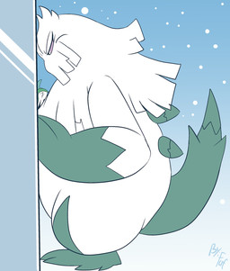 against_surface against_wall ambiguous_gender anthro biped extreme_size_difference eyes_closed gloves_(marking) green_markings larger_ambiguous larger_anthro leg_markings looking_at_another male markings outside side_view size_difference smaller_humanoid smaller_male snow socks_(marking) white_body fuf nintendo pokemon abomasnow gallade generation_4_pokemon humanoid pokemon_(species) 2019 hi_res