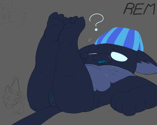 3_toes 4_fingers anthro beak biped black_beak black_body black_fur black_tail blue_clothing blue_hat blue_headgear blue_headwear blue_tongue blue_vulva butt clothing crossgender ears_down empty_eyes feet female female_anthro fingers fist fur genitals grey_body grey_fur grey_inner_ear hat hat_only headgear headgear_only headwear headwear_only legs_up lying mostly_nude mostly_nude_anthro mostly_nude_female nightcap nipples on_back one_eye_closed open_beak open_mouth pattern_clothing pattern_hat pattern_headgear pattern_headwear pivoted_ears question_mark rubbing_eye semi-anthro simple_background slightly_chubby slightly_chubby_anthro slightly_chubby_female soles solo striped_clothing striped_hat striped_headgear striped_headwear stripes tail thick_thighs three-quarter_view tired toes tongue vulva white_eyes young young_anthro young_female thatlucariodoesntexist deadlock_(game) mythology valve rem_(deadlock) avian chimera dream_creature gryphon mythological_avian mythological_creature 2026 5:4 hi_res