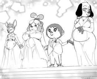 5_fingers altar anthro barely_visible_genitalia barely_visible_vulva belly big_belly big_breasts bisexual breast_overflow breast_size_difference breasts bride cleavage clothed clothing dress ear_piercing female female/female fingers flat_chested genitals groom group group_pregnancy hand_holding hand_on_belly happy human_on_anthro humanoid_hands interspecies interspecies_pregnancy larger_anthro larger_female male male/female multiple_pregnancies piercing polygamy pregnant pregnant_anthro pregnant_female simple_background size_difference small_breasts smaller_human smaller_male stairs thick_thighs translucent translucent_clothing translucent_dress vulva wedding wedding_dress haloluli animal_crossing nintendo cherry_(animal_crossing) fauna_(animal_crossing) isabelle_(animal_crossing) villager_(animal_crossing) canid canine canis deer domestic_dog human mammal hi_res sketch