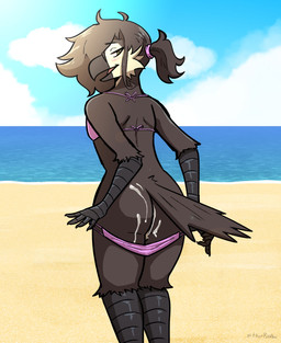 accessory anthro beach beak bikini bikini_bottom bikini_pull bikini_top bodily_fluids brown_body brown_feathers brown_hair butt clothing clothing_pull cum cum_drip cum_on_butt dripping feathers fluffy fluffy_hair genital_fluids hair hair_accessory hair_tie looking_at_viewer looking_back looking_back_at_viewer male public public_exposure sea solo standing swimwear swimwear_pull tied_hair two-piece_swimsuit water thatbirdboi birb_(somesacredbird) avian bird 2021 digital_drawing_(artwork) digital_media_(artwork) english_description hi_res
