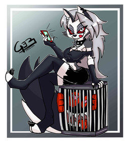 ambiguous_gender anthro arm_tuft black_claws breasts cage cellphone claws clothing collar electronics eyebrows female fingerless_gloves fur gloves grey_body grey_fur grey_hair hair half-closed_eyes handwear inner_ear_fluff leggings legwear licking licking_lips licking_own_lips narrowed_eyes open_mouth open_smile phone red_sclera self_lick sharp_teeth shoulder_tuft sitting smartphone smile solo spiked_collar spikes teeth toe_claws tongue tongue_out torn_clothing tuft white_body white_eyes white_fur white_inner_ear ger_art's ger_art01 hellaverse helluva_boss mythology loona_(helluva_boss) canid canid_demon canine demon hellhound mammal mythological_canine mythological_creature 2019 character_request dated digital_media_(artwork) hi_res signature