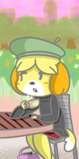 3_fingers alternative_fashion anthro arm_support arms_bent bent_legs black_clothing black_nose black_sweater black_topwear blonde_hair bottomwear city city_background clothed clothed_anthro clothed_female clothing container cup dipstick_tail facial_markings female female_anthro fingers floppy_ears forest fully_clothed fully_clothed_anthro fully_clothed_female green_beret grey_eyes grey_line_art hair head_markings hipster holding_container holding_cup holding_object holding_tea_cup leaning_on_elbow leaning_on_table light lop_ears markings orange_ears outside pink_sky plant pupils purse red_bottomwear red_clothing red_skirt shrub skirt sky solo sweater tail tail_markings tea_cup teeth topwear tree two_tone_tail white_markings white_pupils white_tail_tip yellow_tail cookieboy011 animal_crossing nintendo isabelle_(animal_crossing) canid canine canis domestic_dog mammal shih_tzu toy_dog 2018 colored digital_drawing_(artwork) digital_media_(artwork) english_description lighting shaded