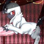 anus blush female feral fur furniture genitals nipples pussy red_eyes solo table teats tongue white_body white_fur box_xod nintendo pokemon absol generation_3_pokemon pokemon_(species) 1:1 2016