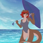 anthro beach clothing elvress_art eyewear female glasses one-piece_swimsuit seaside solo swimwear umbrella becca_idaho mammal mustelid otter 1:1 hi_res