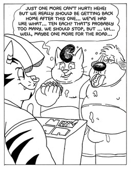 anthro belly big_belly bodily_fluids border bulge clothing dialogue ear_piercing eating facial_piercing fangs food fries group half-closed_eyes holding_food holding_object hot_dog jewelry male messy moobs narrowed_eyes navel nipple_outline nipples nose_piercing obese overweight overweight_male piercing shirt smile teeth text topwear trio weight_gain white_border billy_fore beagle canid canine canis domestic_cat domestic_dog felid feline felis hunting_dog mammal pantherine scent_hound comic english_text hi_res monochrome