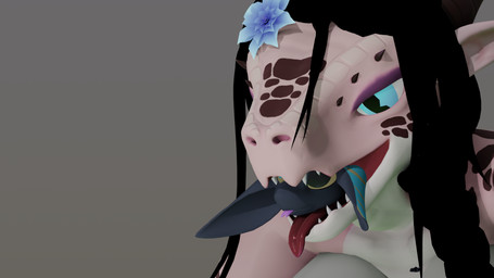 accessory anthro black_body black_hair blep blue_body blue_eyes blue_flower braided_hair brown_body brown_hair brown_scales duo ear_markings eyeshadow facial_markings female female/female flower flower_in_hair folded_ears forehead_markings hair hair_accessory head_markings in_mouth in_throat looking_at_another looking_at_pred looking_at_prey makeup markings no_sclera open_mouth pink_body pink_skin plant plated_scales purple_eyeshadow purple_tongue red_tongue scales size_difference tongue tongue_out vore white_body white_sclera white_skin willing_prey yellow_eyes yellow_markings k'braid dvorakir_(modeler) eili_(k'braid) rhasakani avali kobold kyra_kobold scalie 16:9 3d_(artwork) blender_(artwork) blender_cycles_(artwork) digital_media_(artwork) hi_res widescreen
