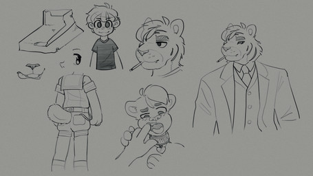 anthro cigarette clothing collar finger_in_mouth freckled_face freckles male necktie simple_background suit white_background skidoo minnow_(skidoo) felid human lion mammal pantherine tiger 16:9 hi_res monochrome sketch_page widescreen