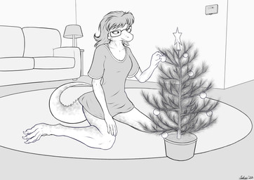 anthro barefoot carpet christmas_tree clothing evaline_churchell eyewear feet female furniture glasses hair holding_object holidays inside kneeling lamp plant rectangular_glasses shirt smile sofa solo tail topwear tree leksi_(artist) christmas iguana iguanid lizard reptile scalie digital_media_(artwork) hi_res