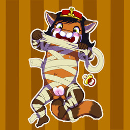 anthro bandage black_hair blush clitoris female flat_chested genitals green_eyes hair holidays loli mostly_nude nipples pacifier solo spread_legs spreading toddler vulva young young_anthro muq halloween ailurid mammal red_panda 1:1 hi_res
