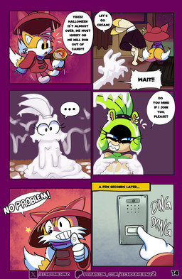 2_tails after_sex anthro big_breasts biped blue_eyes bodily_fluids breasts butt clock clothed clothing cosplay costume cum cum_covered dialogue dipstick_tail doorbell dressing ear_piercing ear_ring ellipsis excessive_cum excessive_genital_fluids eyelashes female genital_fluids gesture green_body group halloween_costume hand_gesture holidays male markings messy motion_lines multi_tail musical_note musical_symbol narrowed_eyes nervous nervous_smile one_eye_closed piercing pupils red_clothing ring_piercing sharp_teeth smile speech_bubble symbol tail tail_markings teeth text thick_thighs thumbs_up trio watch wide_eyed wink wristwatch young young_male ichduhernz halloween idw_publishing oneshot sega sonic_the_hedgehog_(comics) sonic_the_hedgehog_(idw) sonic_the_hedgehog_(series) cream_the_rabbit lenore_(lenore_the_cute_little_dead_girl) miles_prower niko_(oneshot) surge_the_tenrec afrosoricid canid canine fox lagomorph leporid mammal rabbit red_fox tenrec true_fox 2026 absurd_res hi_res