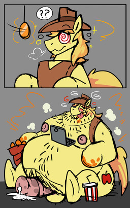 animal_genitalia animal_penis balls belly big_belly bodily_fluids body_hair cheeto_dust chest_hair clothing computer container cowboy_hat cum cum_drool cup cutie_mark disposable_cup electronics equine_genitalia equine_penis erection feral genital_fluids genitals happy_trail hat headgear headwear hypnosis laptop male mind_control moobs neckbeard nerd nerdification nipples obese obese_male overweight overweight_male pendulum penis pubes solo spiral spiral_eyes tongue topwear transformation vest weight_gain anothermeekone friendship_is_magic hasbro my_little_pony braeburn_(mlp) earth_pony equid equine horse mammal pony 2022 5:8 hi_res