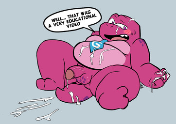 after_masturbation anthro balls belly biped blush bodily_fluids cum cum_on_belly cum_on_body dialogue genital_fluids genitals male moobs open_mouth overweight overweight_male penis pink_body simple_background solo text matthew-fox gameoverse glitch_productions gobbles_(gameoverse) dinosaur prehistoric_species reptile scalie 2026 english_text hi_res