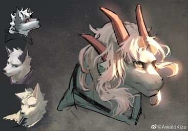 anthro black_nose blue_eyes brown_eyes clothed clothing fur glistening glistening_eyes green_eyes grey_body grey_ears grey_fur hair head_tuft horn male mouth_closed pupils red_eyes red_horn short_hair simple_background slit_pupils solo tuft unsigned white_body white_ears white_fur white_hair awaldkize mythology canid dragon mammal mythological_creature mythological_scalie scalie colored_sketch hi_res sketch sketch_page