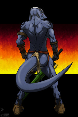 armband blue_body blue_scales bottomwear butt clothed clothing dreadlocks footwear gloves handwear loincloth looking_at_viewer looking_back male melee_weapon muscular muscular_male rear_view scales solo standing sword tail tattoo topless underwear weapon iudicium86 final_fantasy square_enix thrakos bangaa reptile scalie 2:3 hi_res