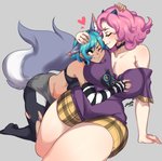 big_breasts bottomwear breast_grab breasts cleavage clothed clothing dark_body dark_skin duo female female/female hair hand_on_breast heart_symbol pink_hair skirt wide_hips taigerarts animal_humanoid humanoid