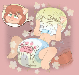 3_toes 4_fingers accessory ambiguous_gender anthro birthday blush blush_lines bodily_fluids brown_body brown_fur brown_hair brown_nose brown_tail clothed clothing cloud_emanata cutaway diaper diaper_hood diaper_only diaper_puff drooling emanata expression_cutaway feet fingers fur genital_fluids hair hair_accessory hairclip hand_on_diaper heart_eyes heart_symbol high-angle_view looking_pleasured lying motion_lines multicolored_body multicolored_fur on_back saliva shared_diaper smile solo tail tail_motion tailwag tan_body tan_fur tan_inner_ear text_on_diaper toes topless touching_diaper unclean_diaper urine used_diaper using_diaper watersports wearing_diaper wet_diaper wetting wetting_diaper tenerius sharpie dreamyart_(character) domestic_cat felid feline felis mammal 2025 absurd_res full-length_portrait hi_res portrait