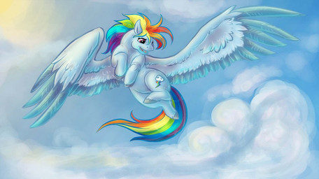 blue_body blue_feathers blue_fur cloud detailed_background feathered_wings feathers female feral fur hair hooves multicolored_hair multicolored_tail outside rainbow rainbow_hair rainbow_tail sky skyscape smile solo sun tail toony wings malek-monster friendship_is_magic hasbro my_little_pony mythology rainbow_dash_(mlp) equid equine mammal mythological_creature mythological_equine pegasus