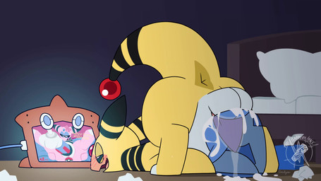 anus bed bedroom_eyes blush bodily_fluids butt buttplug cum cum_in_sex_toy cum_on_ground dildo dildo_insertion ejaculation erection excessive_cum excessive_genital_fluids female fucking_machine furniture genital_fluids genitals infinite_cum infinite_genital_fluids livestream looking_at_porn machine male masturbation narrowed_eyes object_in_ass open_mouth penetrable_sex_toy penis plug_(sex_toy) pokeball pornography seductive sex_toy sex_toy_insertion smile solo octalyne nintendo pokemon ampharos generation_2_pokemon generation_4_pokemon pokemon_(species) rotom 16:9 2026 4k absurd_res animated digital_media_(artwork) hi_res no_sound short_playtime video watermark widescreen
