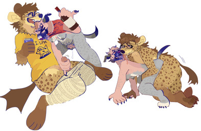 alcohol anthro anthro_on_anthro anthro_penetrated anthro_penetrating anthro_penetrating_anthro beer beverage brown_body brown_fur clothed clothing drunk duo female female_penetrated fur grey_body grey_fur handjob male male/female male_penetrating male_penetrating_female mostly_nude penetration penile pink_body pink_fur sex substance_intoxication guncht canid canine canis domestic_dog hyena mammal spotted_hyena hi_res