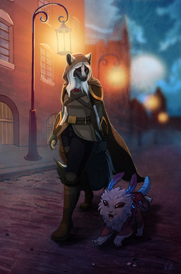5_fingers anthro assassin black_sclera city clothed clothing detailed_background duo female fingers hair night outside red_eyes white_hair vivienwhite_(artist) eve_hawthorne mammal mephitid skunk vampire 2017 digital_media_(artwork) hi_res