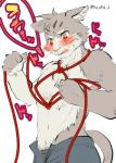 anthro blush bottomwear brown_body brown_fur clothed clothing fur male multicolored_body multicolored_fur red_eyes rope simple_background text topless two_tone_body two_tone_fur white_background white_body white_fur yu_chi_i lifewonders tokyo_afterschool_summoners sitri_(tas) domestic_cat felid feline felis mammal japanese_text signature