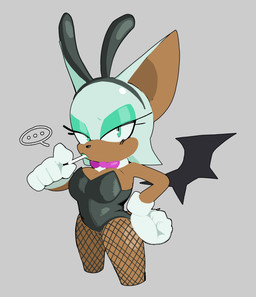 bat_wings big_breasts bow_tie breasts bunny_costume candy clothing costume dark_body dark_skin dessert ellipsis eyeshadow female fishnet_clothing food gloves grey_background hand_on_hip handwear leotard lollipop lollipop_in_mouth makeup membrane_(anatomy) membranous_wings playboy_bunny simple_background solo wings irregularcloudi sega sonic_the_hedgehog_(series) rouge_the_bat bat mammal hi_res