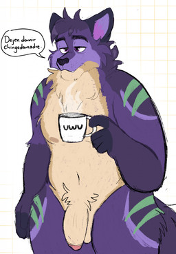 5_fingers anthro areola arm_markings bent_arm black_eyebrows black_nose brown_areola container cup dialogue eyebrows fingers flaccid fur genitals green_markings half-closed_eyes holding_container holding_cup holding_mug holding_object male male_anthro markings mug multicolored_body multicolored_fur narrowed_eyes neck_tuft nude_anthro nude_male penis pubes purple_eyes purple_tail shoulder_markings simple_background solo speech_bubble standing tail tan_body tan_fur tan_penis text tired tuft uwu white_background ractoons dantem_(character) canid canine mammal 2022 colored_sketch digital_drawing_(artwork) digital_media_(artwork) english_description flat_colors hi_res portrait sketch spanish_text three-quarter_portrait translated