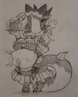 anthro chibi clothing female fetal_movement maid_uniform navel navel_piercing outie_navel piercing pregnant solo uniform boring_machine mythology ling(boring_machine) dragon mythological_creature mythological_scalie scalie absurd_res graphite_(artwork) hi_res traditional_media_(artwork)