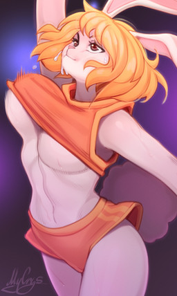 anthro big_breasts blonde_hair bodily_fluids bouncing_breasts breasts clothing female fluffy fluffy_tail fur hair jumpsuit short_hair solo sportswear sweat sweaty_breasts sweaty_legs sweaty_thighs tail white_body white_fur mycrys one_piece carrot_(one_piece) lagomorph leporid mammal rabbit absurd_res hi_res