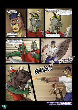 2_horns 7_panel_comic angry anthro armor blonde_hair blue_bottomwear blue_clothing blue_hair blue_pants bodily_fluids bottomwear breastplate brown_body brown_hair clenched_teeth clothed clothing covering covering_ears dialogue fight firing_weapon green_body green_eyes group gun hair hand_on_ear head_horn hit_in_face holding_gun holding_melee_weapon holding_object holding_ranged_weapon holding_sword holding_weapon horn male melee_weapon nervous nervous_sweat orange_hair page_number pants pauldron profanity ranged_weapon red_armor shirt shooting smug speech_bubble sweat sword teeth text throwing throwing_object topwear vest weapon weapon_glint white_clothing white_shirt white_topwear vju79 mythology cobby_(vju79) zudrec_(vju79) canid canine canis cougar dragon felid feline mammal mythological_creature mythological_scalie scalie wingless_dragon wolf comic english_text hi_res multiple_scenes url