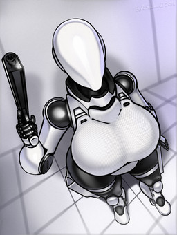 big_breasts breasts cybernetics female gun handgun high-angle_view holding_gun holding_object holding_ranged_weapon holding_weapon joints machine not_furry pistol ranged_weapon solo standing weapon borisalien haydee_(game) haydee android cyborg humanoid robot robot_humanoid 2016
