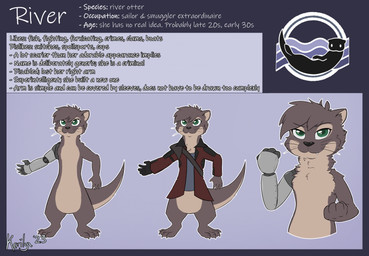 brown_body brown_fur clothing disability female feral fur green_eyes mechanical_arm missing_arm overcoat shirt solo tail text thick_tail topwear kerilyn river_(kerilyn) mammal mustelid otter river_otter 2023 english_text hi_res model_sheet
