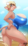 5_fingers anthro backless_clothing backless_swimsuit beach big_breasts blonde_hair blue_clothing blue_eyes blue_nail_polish blue_nails blue_one-piece_swimsuit breasts brown_body brown_fur bulging_breasts butt cleavage cleavage_overflow clothed clothing cloud colored_nails detailed_background eyelashes female fingers fur glistening glistening_clothing hair hand_on_butt huge_breasts logo looking_at_viewer markings multicolored_body multicolored_fur nails one-piece_swimsuit outside pink_nose sand seaside side_boob side_view sky slightly_chubby smile solo spots spotted_back spotted_body spotted_fur spotted_shoulders spotted_thighs standing swimwear tail tail_tuft tan_body tan_fur thick_thighs tuft two_tone_body two_tone_fur water wave doodle_dip momo_(doodle_dip) bovid bovine cattle mammal artist_logo artist_name digital_media_(artwork) hi_res