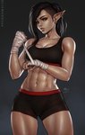 abs bottomwear bra breasts cleavage clothed clothing ear_piercing ear_ring female humanoid_pointy_ears muscular muscular_female muscular_humanoid not_furry piercing pointy_ears ring_piercing shorts solo sports_bra undercut underwear sciamano240 elf humanoid hi_res