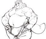 anthro belly big_belly bottomwear bulge clothing kemono male moobs musclegut muscular navel overweight overweight_male pants pulling_up_pants scar solo underwear exe_exem lifewonders tight_pants_(meme) tokyo_afterschool_summoners gyobu_(tas) canid canine mammal raccoon_dog tanuki 2023 meme monochrome sketch