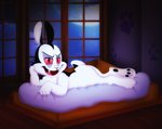 anthro inside lying male moon night on_front open_mouth pawpads paws pink_sclera red_eyes sky solo star starry_sky window amegared bunnicula_(series) bunnicula lagomorph leporid mammal rabbit vampire digital_media_(artwork)