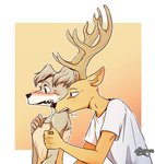 anthro antlers bite biting_another biting_partner blush brown_body brown_eyes brown_fur claws clothed clothing duo fangs female fur horn interspecies love_bite male male/female neck_bite playful predator/prey role_reversal romantic romantic_couple shoulder_bite simple_background surprise tan_body tan_fur teeth white_body white_fur eden_fries senbug beastars juno_(beastars) louis_(beastars) canid canine canis cervine deer mammal red_deer wolf signature watermark