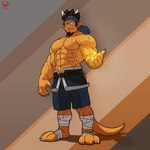 abs anthro biceps black_hair bottomwear claws clothing facial_hair goatee hair horn kerchief male muscular muscular_anthro muscular_male orange_body pants pecs simple_background solo tail hikazedragon leomon32 mythology hikaze_(character) dragon mythological_creature mythological_scalie scalie 1:1