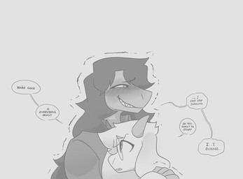 ambiguous_gender anthro blush blush_lines clothed clothing duo ellipsis hair horn hug long_hair mostly_offscreen_character nervous nude question shaking unsure averysweatyboy deltarune undertale_(series) ralsei susie_(deltarune) bovid caprine darkner goat mammal reptile scalie comic female_(lore) male_(lore)