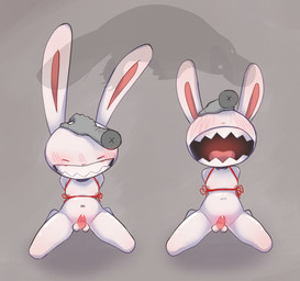 anthro balls bdsm belly blush bodily_fluids bondage bound eyes_closed first_person_view fur genital_fluids genitals hand_on_head hands_behind_back humanoid_hands kneeling kneeling_oral_position long_ears male moobs navel nipples open_mouth oral penis precum sharp_teeth sitting sitting_on_ground slightly_chubby small_penis smile solo teeth tongue white_body white_fur platypusbill sam_and_max max_(sam_and_max) human lagomorph leporid mammal rabbit colored hi_res