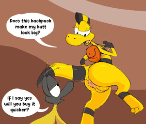 ambiguous_gender anthro anus backpack backpack_only big_anus big_butt biped black_markings butt dialogue dot_eyes duo female genitals gloves_(marking) half-closed_eyes leg_markings looking_at_another looking_at_own_butt markings narrowed_eyes open_mouth simple_background simple_eyes speech_bubble tail tail_markings text tongue vulva yellow_body not_a_furfag zniw_adventure zniw dinosaur ornithischian ornithopod prehistoric_species reptile scalie 2025 english_text hi_res