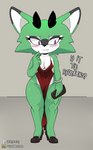 5_fingers anthro antlers black_nose blush breasts clothing dress female fingers footwear green_body high_heels horn platform_footwear platform_heels purple_eyes purse shoes solo text thick_thighs wide_hips berkthejerk archie_comics sega sonic_the_hedgehog_(archie) sonic_the_hedgehog_(comics) sonic_the_hedgehog_(series) clove_the_pronghorn mammal pronghorn 2021 english_text hi_res