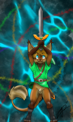 abstract_background animal_genitalia anthro balls belt big_ears bottomless clothed clothing ear_tuft fully_sheathed genitals green_clothing green_hat green_headwear green_shirt green_topwear green_tunic hat headgear headwear holding_melee_weapon holding_object holding_sword holding_weapon looking_up male master_sword melee_weapon scabbard sheath shirt smile solo standing sword tail tail_tuft topwear tuft tunic weapon zephyrpanthur nintendo the_legend_of_zelda link canid canine felid hybrid mammal 3:5 hi_res