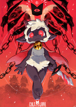 abstract_background ambiguous_gender anthro biped grey_body horizontal_pupils horn looking_at_viewer melee_weapon mostly_nude pupils red_eyes solo sword text weapon white_body buta99 cult_of_the_lamb massive_monster_(studio) lamb_(cult_of_the_lamb) red_crown_(cult_of_the_lamb) bovid caprine mammal sheep digital_media_(artwork) english_text hi_res shaded signature