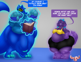 3_toes 4_fingers anthro belly big_belly big_breasts big_butt big_feet big_penis blue_body blue_fur blue_hair bovid_horn breasts bulge butt caprine_horn claws cybernetics duo expansion feet fingers fur genitals grimoire growth gynomorph hair horn intersex long_tail machine magic magic_user open_mouth penis protogen_visor purple_body size_difference slightly_chubby slightly_chubby_gynomorph slightly_chubby_intersex smile speech_bubble standing tail text thick_thighs toes wide_hips yellow_eyes sokoyo_owo starry_(sokoyo_owo) vio_(_viomarks_) bovid canid canine caprine caprine_demon cottonball_demon cyborg demon mammal protogen hi_res