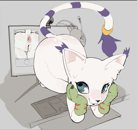 all_fours anthro anus ass_up blue_eyes blush blush_lines bodily_fluids body_blush butt camera computer_monitor eyelashes fangs female fur genitals glistening glistening_butt grey_background hand_on_face nude open_mouth open_smile presenting presenting_hindquarters presenting_vulva purple_body purple_fur raised_tail simple_background smile solo sweat sweatdrop tail teeth vulva webcam white_body white_fur skeleton265 bandai_namco digimon digimon_(species) gatomon 2025 digital_media_(artwork) hi_res