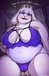 anthro belly big_breasts blue_eyes blush bodily_fluids breasts butt butt_from_the_front camel_toe eyewear female floppy_ears glasses horn looking_at_viewer mature_anthro mature_female overweight overweight_anthro overweight_female smile sweat text white_body back2formula undertale undertale_(series) toriel boss_monster_(undertale) bovid caprine mammal 2023 absurd_res digital_media_(artwork) english_text hi_res