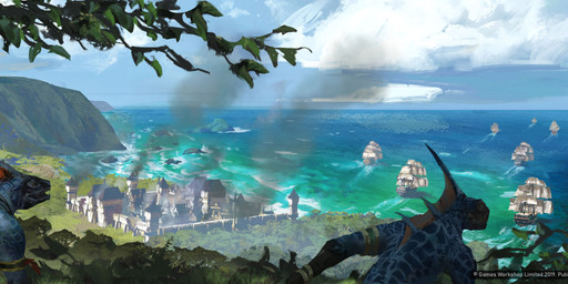 ambiguous_gender blue_body building cliff cloud crouching day fin grass group holding_mace horn leaf male outside plant rock sea sharp_teeth ship smoke tail teeth text tower town tree vehicle water watercraft sebastian_horoszko total_war:_warhammer warhammer_(franchise) lizardman lizardman_(warhammer) scalie 2019 absurd_res digital_media_(artwork) english_text hi_res official_art