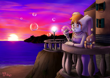 ambiguous_gender anthro bare_shoulders beaded_jewelry beaded_necklace beads blowing_bubbles bow_tie bracelet brown_eyes brown_hair bubble clothing dress duo female formal_wear fur hair horizon jewelry leaning_on_railing necklace outside purple_clothing purple_dress sea seaside sky strapless_clothing strapless_dress street_lamp sunset tan_body tan_fur water biko97 sega sonic_the_hedgehog_(series) chocola_the_chao vanilla_the_rabbit chao_(sonic) lagomorph leporid mammal rabbit